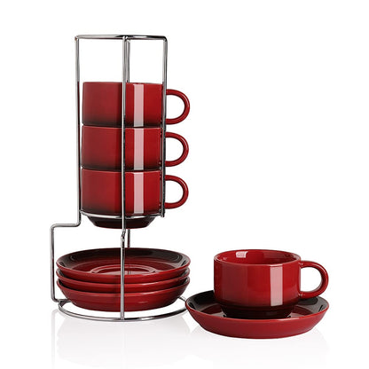 Sweejar Porcelain Espresso Cups with Saucers, 2.5 Ounce Stackable Cappuccino Cups with Metal Stand for Coffee Drinks, Latte, Tea - Set of 4 (Black)