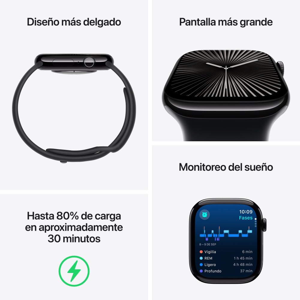 Apple Watch Series 10 [GPS 46mm] Smartwatch with Jet Black Aluminium Case with Black Sport Band. Fitness Tracker, ECG App, Always-On Retina Display, Water-Resistant