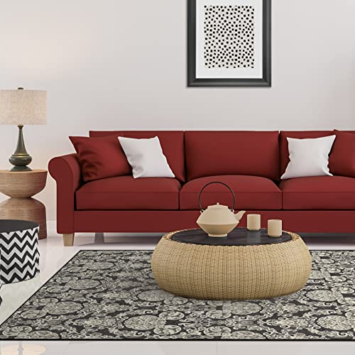 RUGGABLE Disney Traditional Mickey Mouse Washable Rug - Perfect Area Rug for Nursery Playroom Kids Room - Pet &amp; Child Friendly - Stain &amp; Water Resistant - Damask Grey 3&