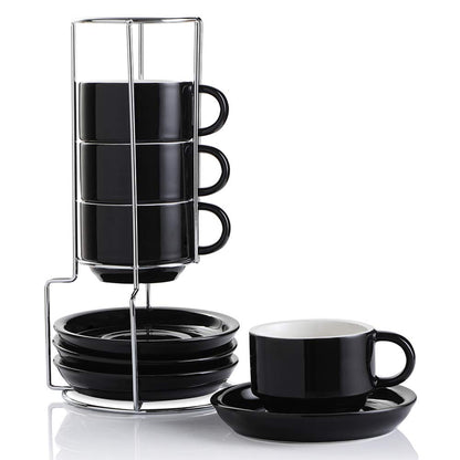 Sweejar Porcelain Espresso Cups with Saucers, 2.5 Ounce Stackable Cappuccino Cups with Metal Stand for Coffee Drinks, Latte, Tea - Set of 4 (Black)