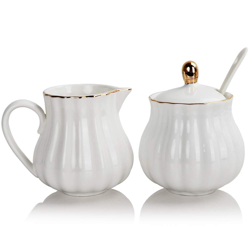 Sweejar Royal Ceramic Sugar and Creamer Set, 3 Piece Set with Cream Pitcher, Sugar Bowl, Sugar Set with Lid &amp; Spoon, Coffee Serving Set Wedding Gift(White)