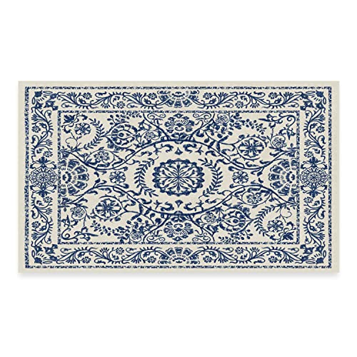 RUGGABLE Washable 2x3 Area Rug, Delphina Delft Blue, Premium Vintage Rugs for Living Room, Bedroom, Kitchen, Office, Classroom with Gripper Non Slip Pad