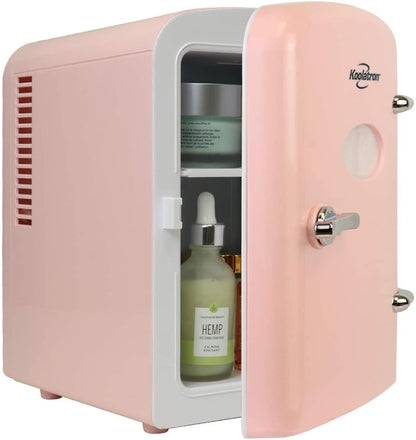 Koolatron Retro Mini Portable Fridge, 4L Compact Refrigerator for Skincare, Beauty Serum, Face Mask, Personal Cooler, Includes 12V Car Adapter, Desktop Accessory for Home Office Dorm Travel, Pink