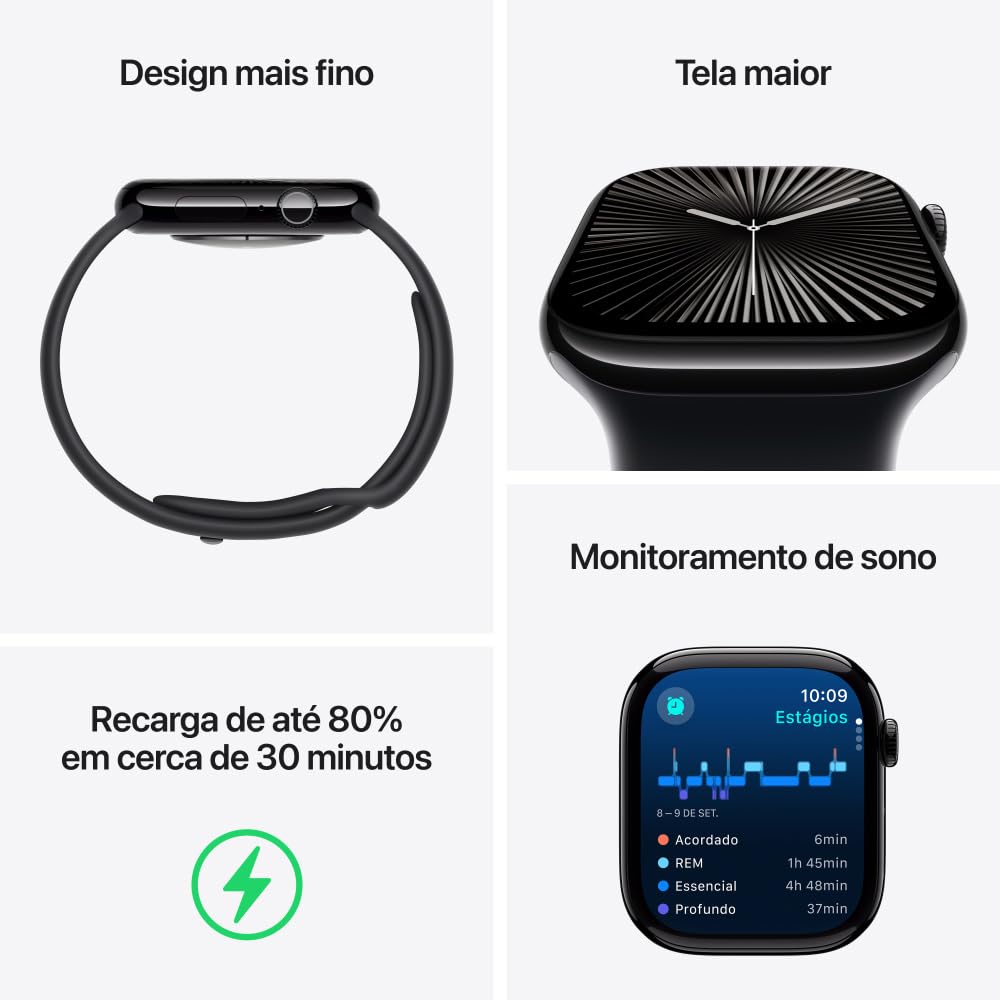 Apple Watch Series 10 [GPS 46mm] Smartwatch with Jet Black Aluminium Case with Black Sport Band. Fitness Tracker, ECG App, Always-On Retina Display, Water-Resistant