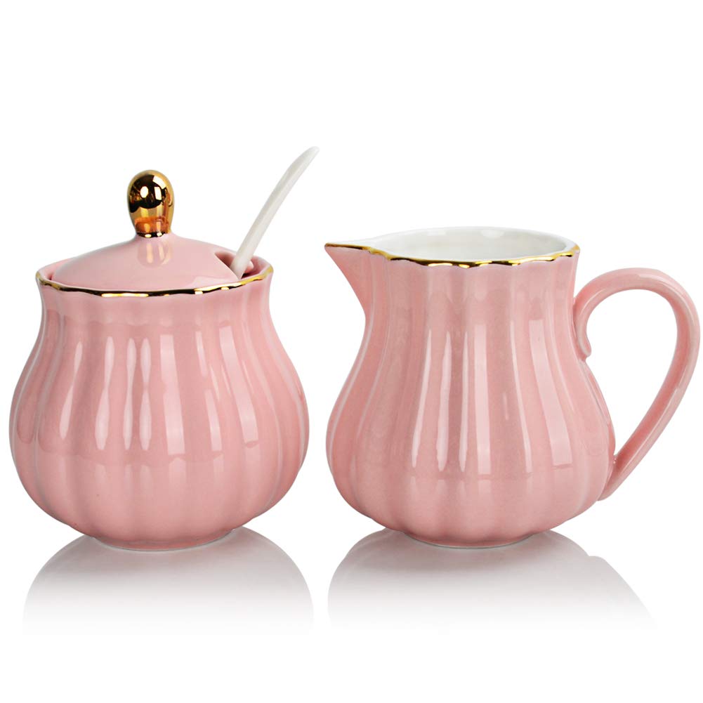 Sweejar Royal Ceramic Sugar and Creamer Set, 3 Piece Set with Cream Pitcher, Sugar Bowl, Sugar Set with Lid &amp; Spoon, Coffee Serving Set Wedding Gift(White)