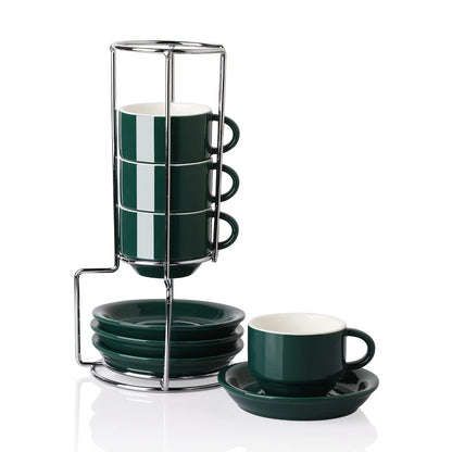 Sweejar Porcelain Espresso Cups with Saucers, 2.5 Ounce Stackable Cappuccino Cups with Metal Stand for Coffee Drinks, Latte, Tea - Set of 4 (Black)