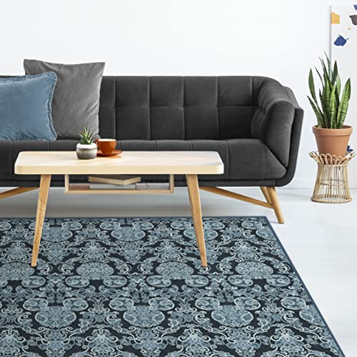 RUGGABLE Disney Traditional Mickey Mouse Washable Rug - Perfect Area Rug for Nursery Playroom Kids Room - Pet &amp; Child Friendly - Stain &amp; Water Resistant - Damask Grey 3&