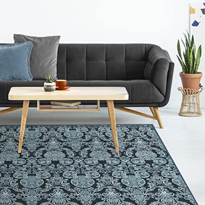 RUGGABLE Disney Traditional Mickey Mouse Washable Rug - Perfect Area Rug for Nursery Playroom Kids Room - Pet &amp; Child Friendly - Stain &amp; Water Resistant - Damask Grey 3&