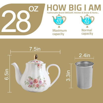 Sweejar Royal Teapot, Ceramic Tea Pot with Removable Stainless Steel Infuser, Blooming &amp; Loose Leaf Teapot - 28 Ounce(White)