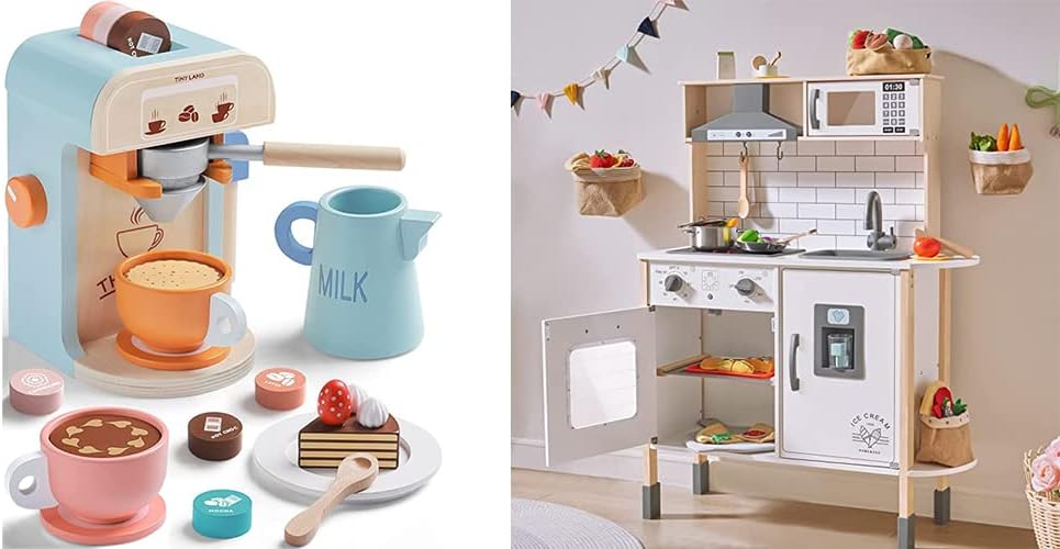Play-Kitchen-for-Kids with 18 Pcs Toy Food &amp; Kids Coffee Maker Wooden Kitchen Toys - 17Pcs Toy Coffee Maker Playset