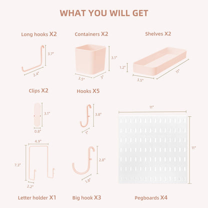 VUSIGN Pegboard Combination Wall Organizer Kit, 4 Pieces Pegboards and 17 Accessories Modular Hanging, Wall Mount Display Peg Board Panel Kits for Bedroom, Home, Office, Bathroom, 22&quot; x 22&quot;, Pink