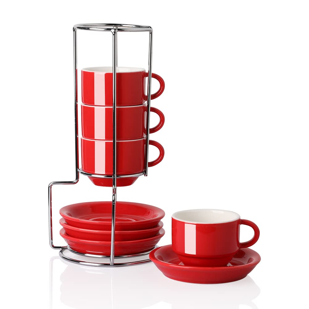 Sweejar Porcelain Espresso Cups with Saucers, 2.5 Ounce Stackable Cappuccino Cups with Metal Stand for Coffee Drinks, Latte, Tea - Set of 4 (Black)