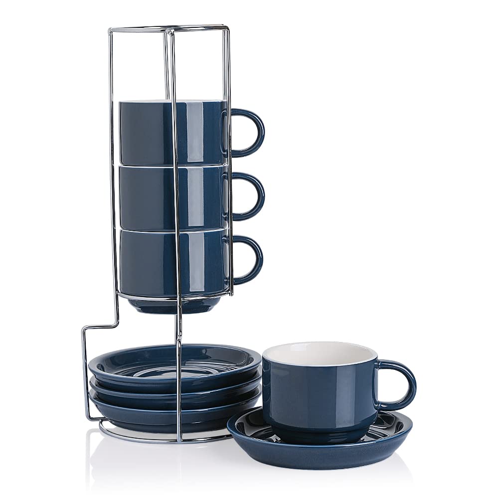 Sweejar Porcelain Espresso Cups with Saucers, 2.5 Ounce Stackable Cappuccino Cups with Metal Stand for Coffee Drinks, Latte, Tea - Set of 4 (Black)