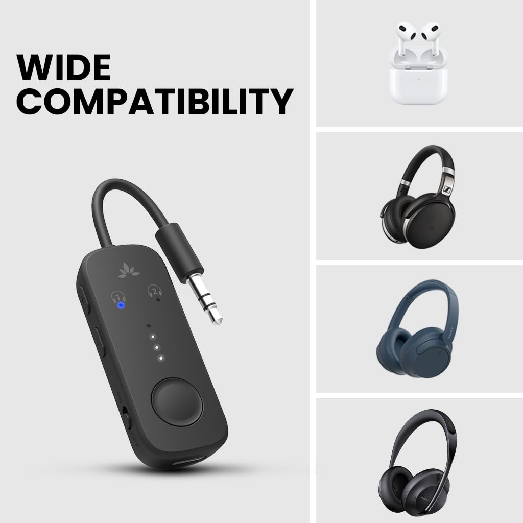 Avantree Relay - Premium Airplane Bluetooth 5.3 Adapter, Supports 2 AirPods or Headphones with aptX-Low Latency - 3.5mm AUX Jack Wireless Audio Transmitter for Planes, Travel, Airline, TV, Gym, Tablet