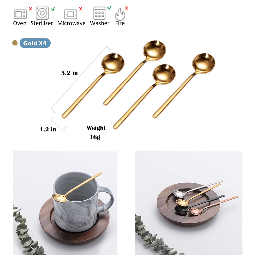 4 PCS Espresso Spoons 18/8 Stainless Steel, 5.2 Inches Vogue Mini Teaspoons Set for Stirring Coffee, Dessert Cake, Ice Cream, Soup, Antipasto Cappuccino, Frosted Handle, Sweejar（Gold）