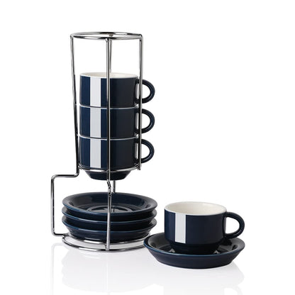 Sweejar Porcelain Espresso Cups with Saucers, 2.5 Ounce Stackable Cappuccino Cups with Metal Stand for Coffee Drinks, Latte, Tea - Set of 4 (Black)