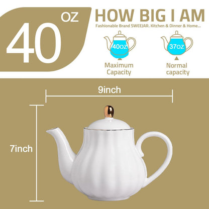 Sweejar Royal Teapot, Ceramic Tea Pot with Removable Stainless Steel Infuser, Blooming &amp; Loose Leaf Teapot - 28 Ounce(White)