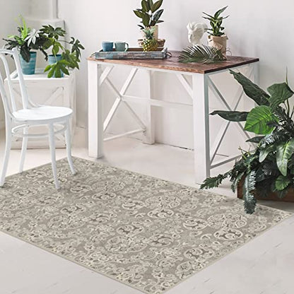 RUGGABLE Disney Traditional Mickey Mouse Washable Rug - Perfect Area Rug for Nursery Playroom Kids Room - Pet &amp; Child Friendly - Stain &amp; Water Resistant - Damask Grey 3&