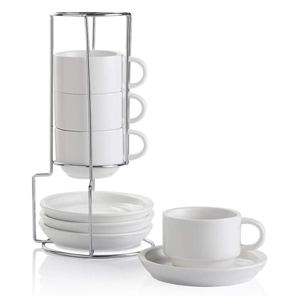 Sweejar Porcelain Espresso Cups with Saucers, 2.5 Ounce Stackable Cappuccino Cups with Metal Stand for Coffee Drinks, Latte, Tea - Set of 4 (Black)