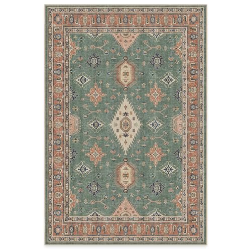 RUGGABLE Farmhouse Outdoor Rug 6x9, Washable Area Rugs for Patio, Balcony, Front Porch, Deck, Backyard - Traditional, Vintage, Boho, Geometric Rug (Ranier Copper Sage 6&