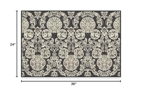 RUGGABLE Disney Traditional Mickey Mouse Washable Rug - Perfect Area Rug for Nursery Playroom Kids Room - Pet &amp; Child Friendly - Stain &amp; Water Resistant - Damask Grey 3&