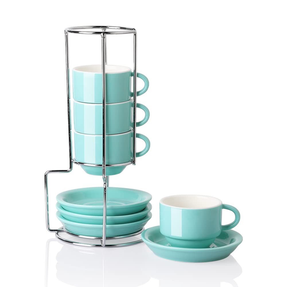 Sweejar Porcelain Espresso Cups with Saucers, 2.5 Ounce Stackable Cappuccino Cups with Metal Stand for Coffee Drinks, Latte, Tea - Set of 4 (Black)