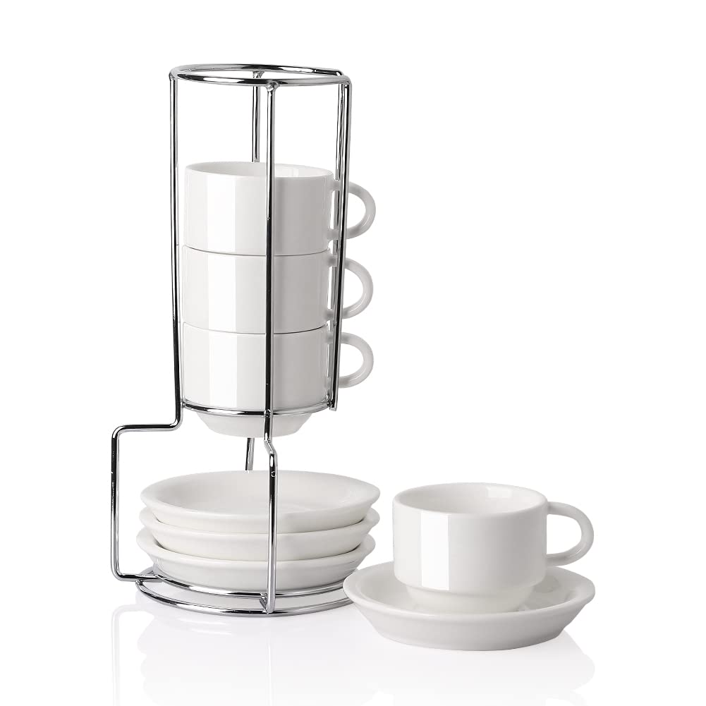 Sweejar Porcelain Espresso Cups with Saucers, 2.5 Ounce Stackable Cappuccino Cups with Metal Stand for Coffee Drinks, Latte, Tea - Set of 4 (Black)