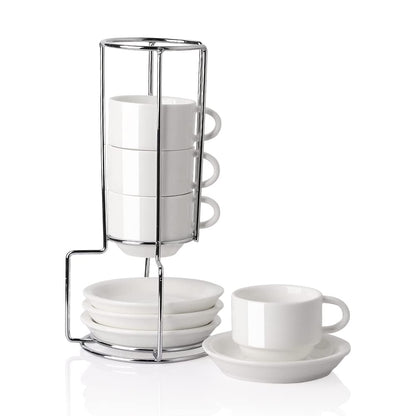 Sweejar Porcelain Espresso Cups with Saucers, 2.5 Ounce Stackable Cappuccino Cups with Metal Stand for Coffee Drinks, Latte, Tea - Set of 4 (Black)