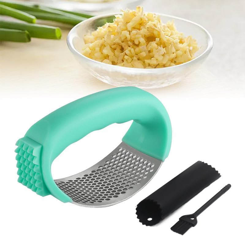 Upgraded Garlic Press Rocker, 2024 New Stainless Steel Garlic Presser, Garlic Mincer Crusher Masher with Peeler and Cleaning Brush, Garlic Chopper for Smash Garlic Kitchen Gadgets Tools (Pink)
