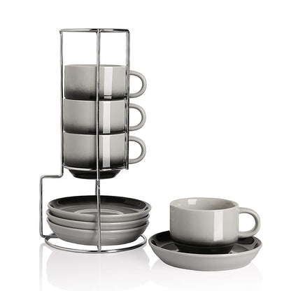 Sweejar Porcelain Espresso Cups with Saucers, 2.5 Ounce Stackable Cappuccino Cups with Metal Stand for Coffee Drinks, Latte, Tea - Set of 4 (Black)
