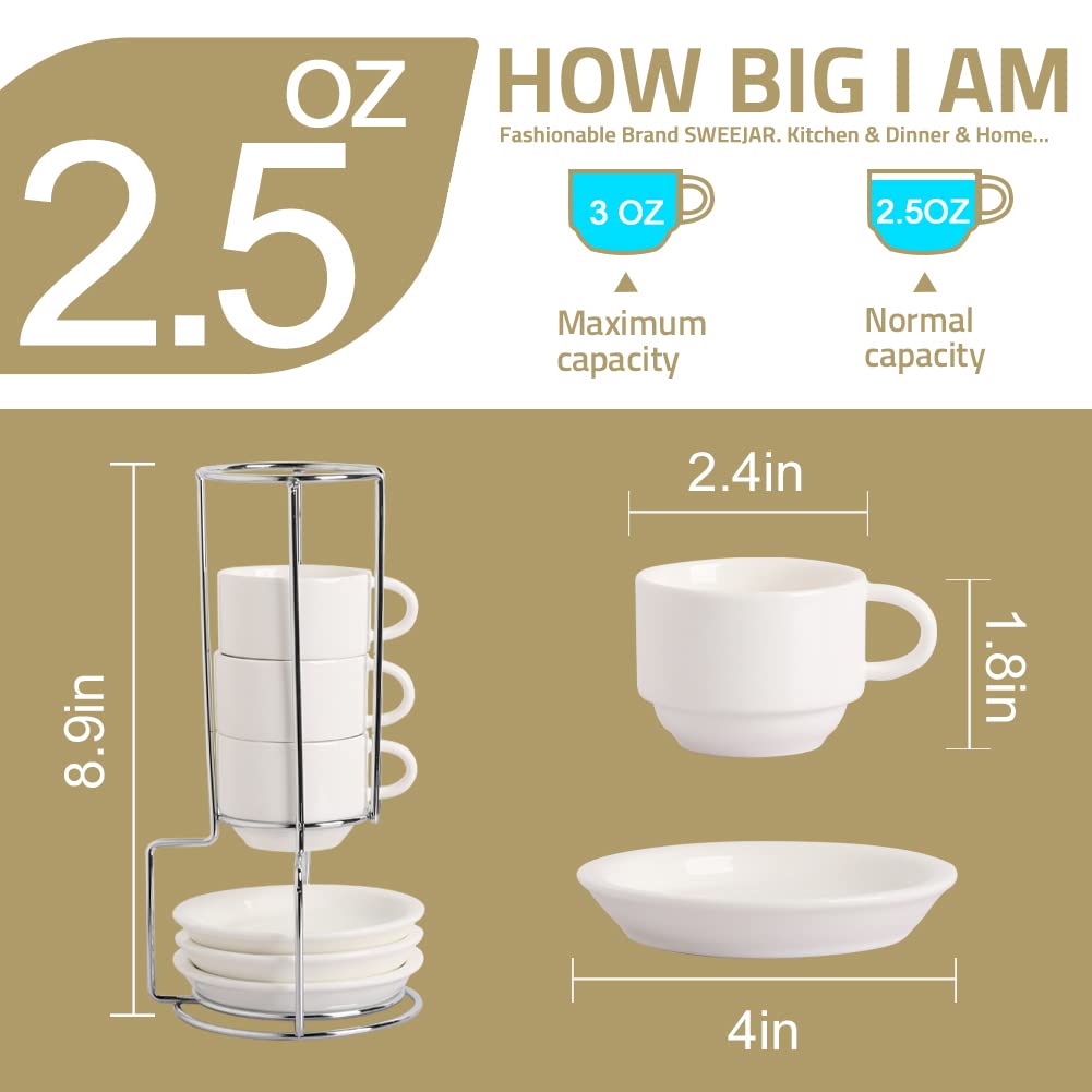 Sweejar Porcelain Espresso Cups with Saucers, 2.5 Ounce Stackable Cappuccino Cups with Metal Stand for Coffee Drinks, Latte, Tea - Set of 4 (Black)