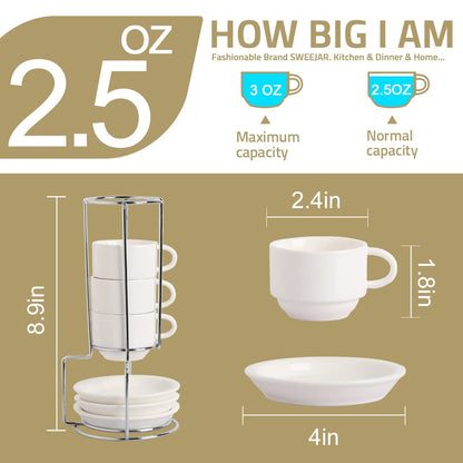 Sweejar Porcelain Espresso Cups with Saucers, 2.5 Ounce Stackable Cappuccino Cups with Metal Stand for Coffee Drinks, Latte, Tea - Set of 4 (Black)