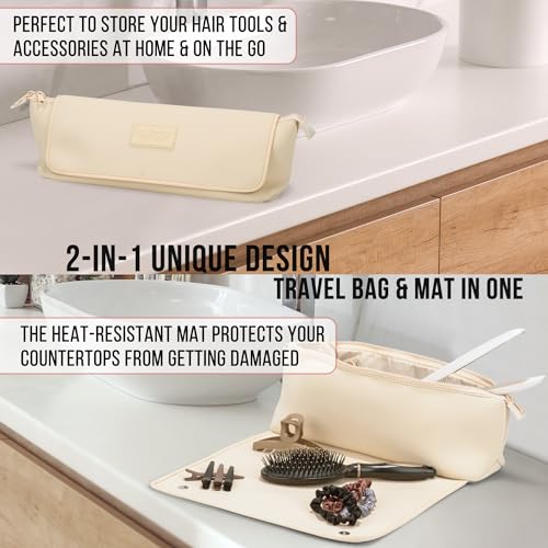 BAREFOOT CARIBOU Hair Tools Travel Bag and Heat Resistant Mat for Flat Irons, Straighteners, Curling Iron, and Haircare Accessories, 2-in-1 Design, with Interior Pockets, Portable Organizer (Ivory)