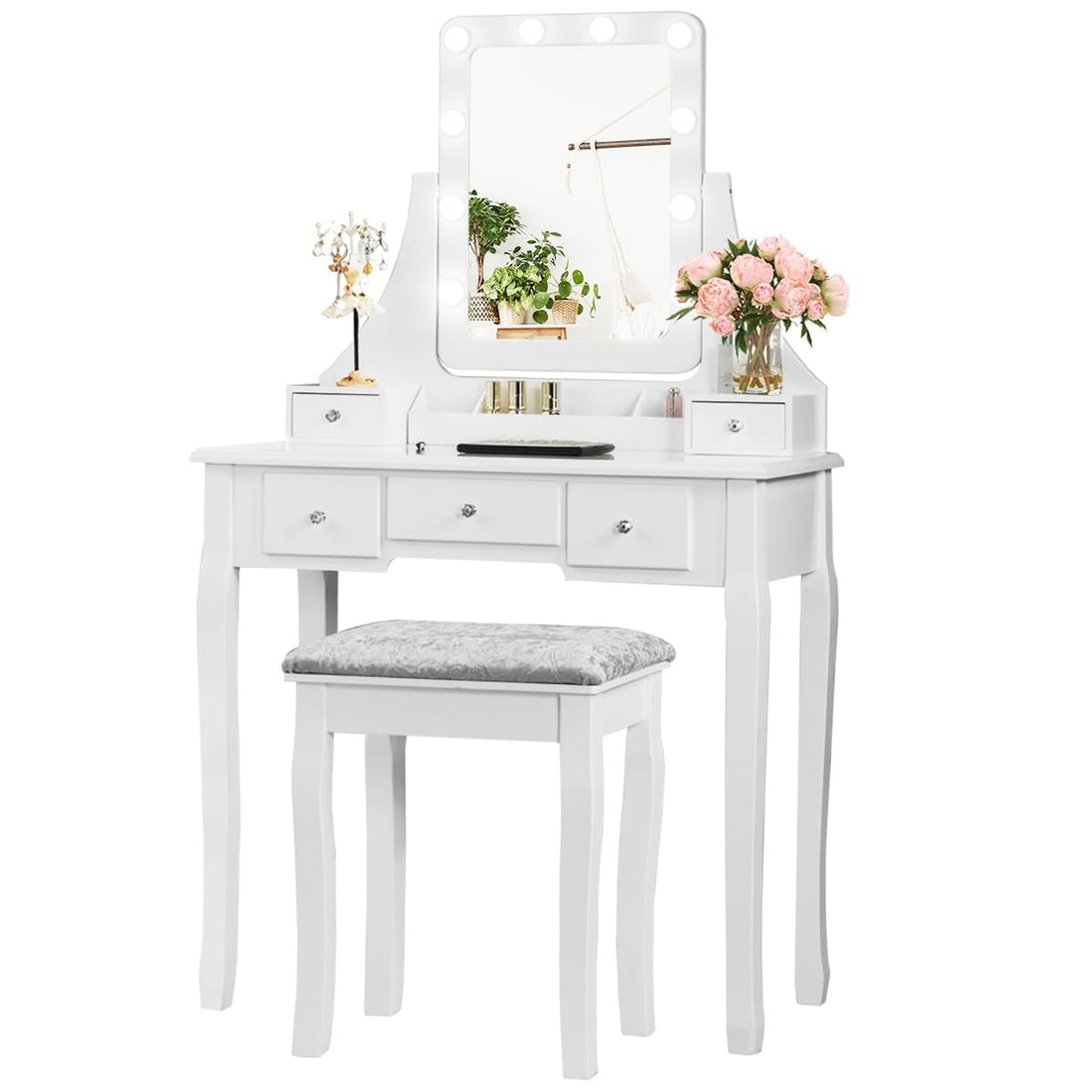 DORTALA Vanity Table Set with 360° Mirror &amp; Cushioned Stool, Makeup Table with 10 LED Dimmable Bulbs, Bedroom Wood Dressing Table with 5 Drawers and Removable Box Organizer, Gift for Females (White)