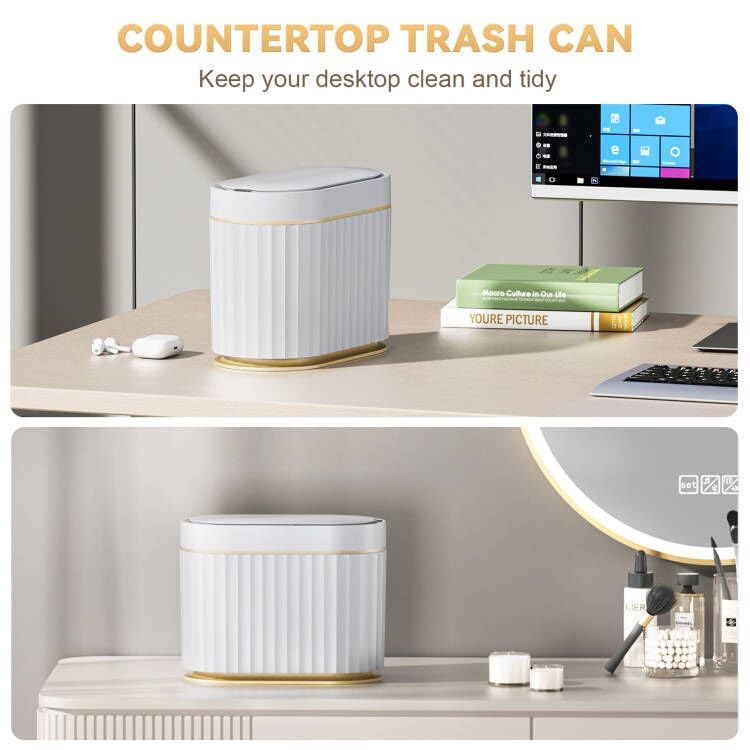 ELPHECO Mini Desktop Trash Can with Lid, Small Slim Automatic Garbage Can, 1.3 Gallon Motion Sensor Countertop Waste Basket for Bedroom, Office, Bathroom, White with Grey Trim