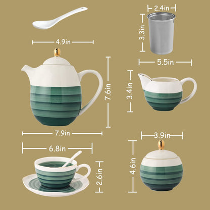 Sweejar Porcelain Tea Sets, 8 OZ Cups &amp; Saucer Service for 4, Teapot Sugar Bowl Cream Pitcher Teaspoons and Tea Strainer for Adult Tea Coffee Afternoon Party(Blue)