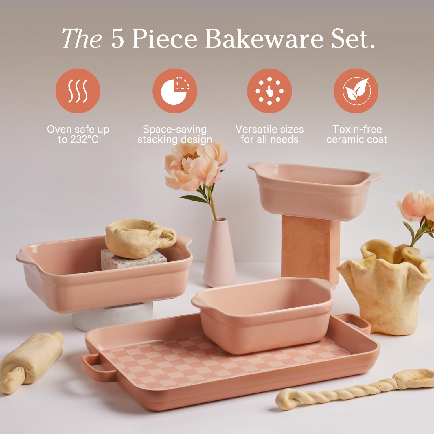 Our Place Bakeware Set | 5-Piece Nonstick, Toxin-Free, Ceramic, Stoneware Set with Oven Pan, Bakers, &amp; Oven Mat | Space-Saving Nesting Design | Oven-Safe | Bake, Roast, Griddle and more | Steam