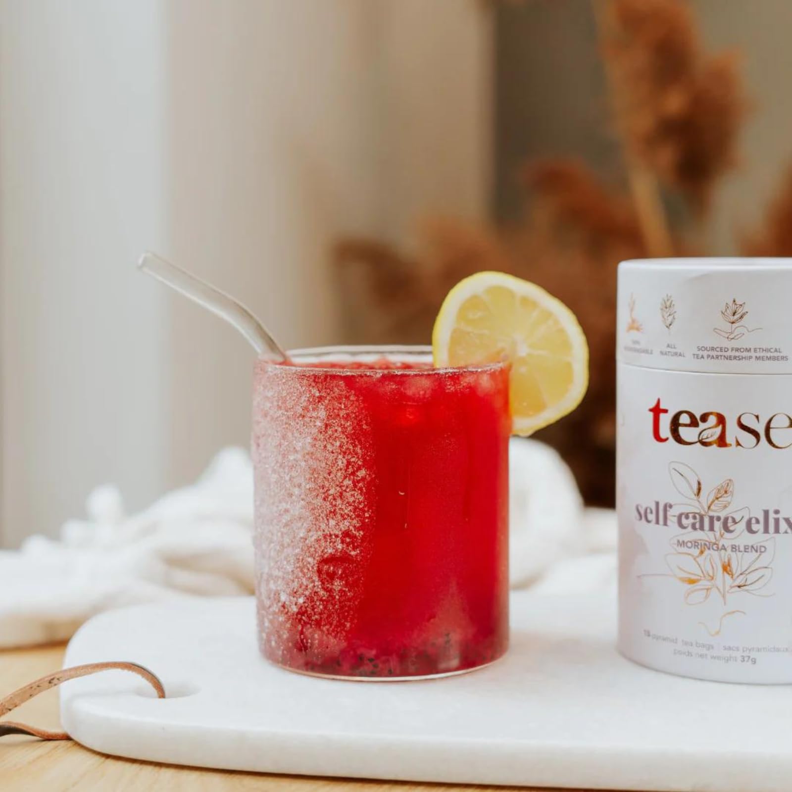 Tease Tea Organic Tea Tube Gift Set | 15 Piece Botanical Pyramid Tea Bag Infuser Sachets Loose Leaf Support Citrusy Blend with Rooibos, Peppermint, Valerian Root Caffeine Free 37g (Golden Slumbers)