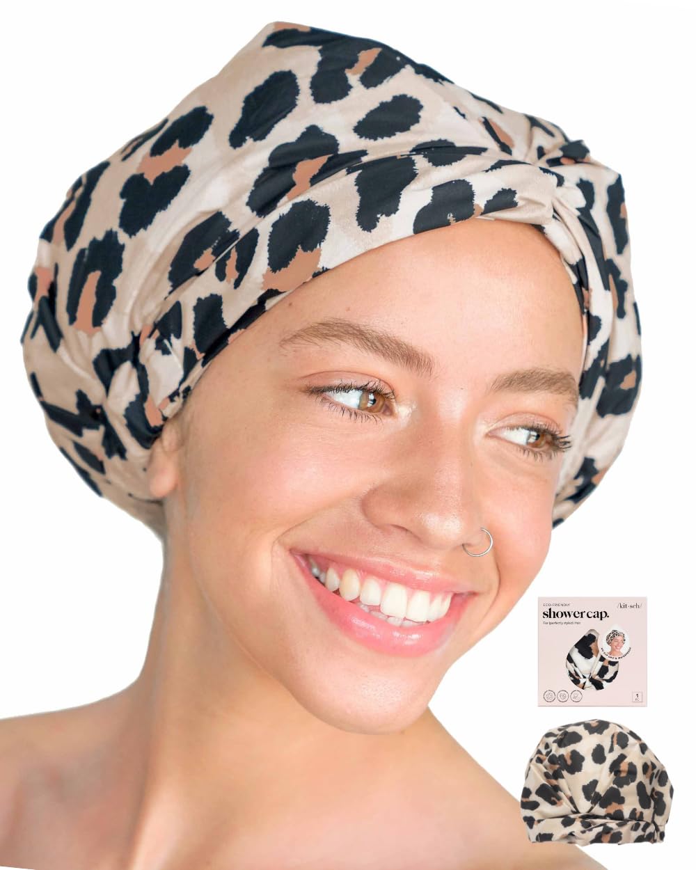 Kitsch Luxury Shower Cap for Women - Reusable Shower Cap for Long Hair with Non Slip Silicon Grip | Waterproof Hair Cap for Shower with One Size Fits Most | Stylish Hair Cover for Shower (Blush Dot)