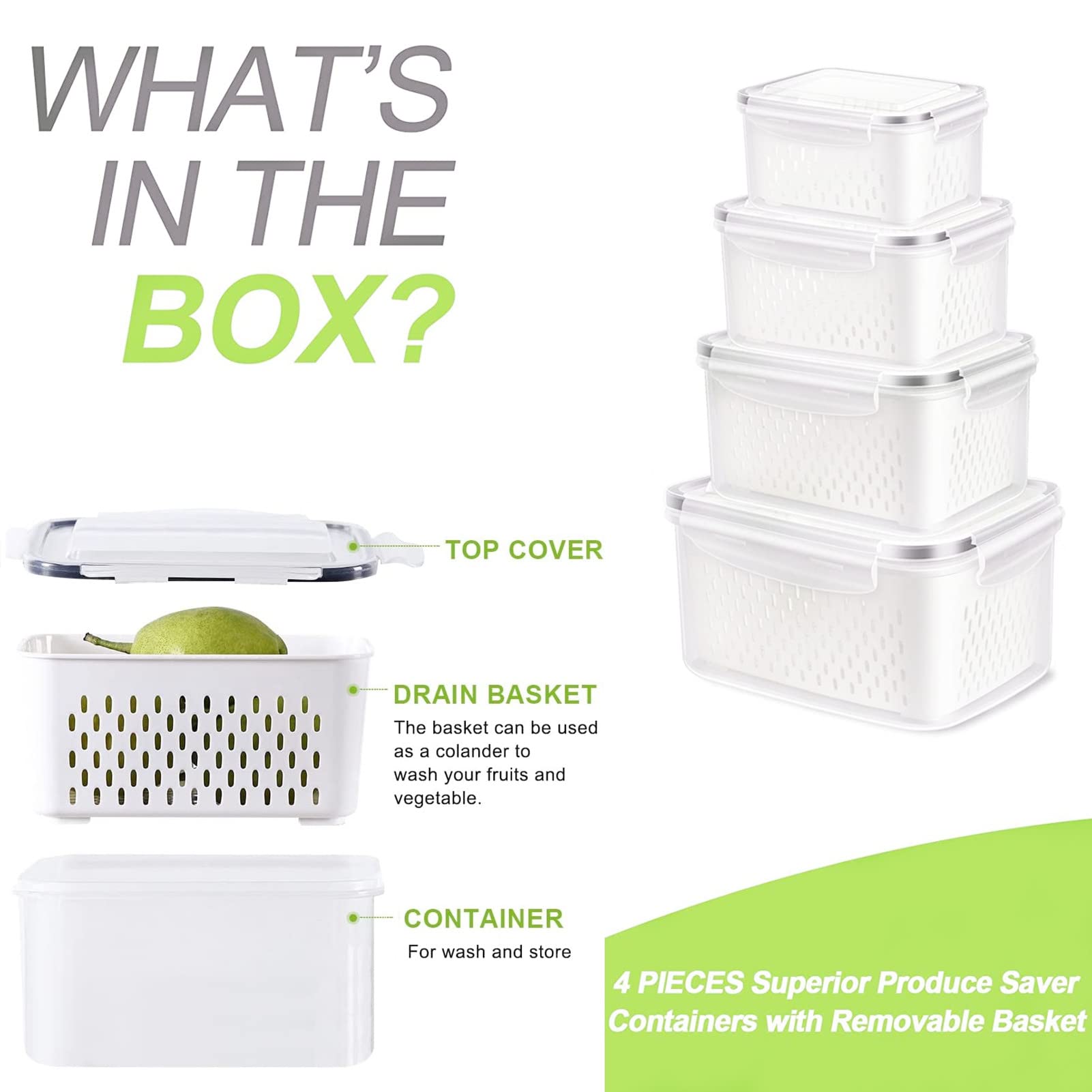 Fresh Food Storage Containers, 3 Pack Large Capacity Produce Saver Box with Drain Baskets &amp; Lid for Vegetable and Fruit - BPA Free Stackable Refrigerator Organizer for Kitchen (0.8L+1.7L+3.15L)
