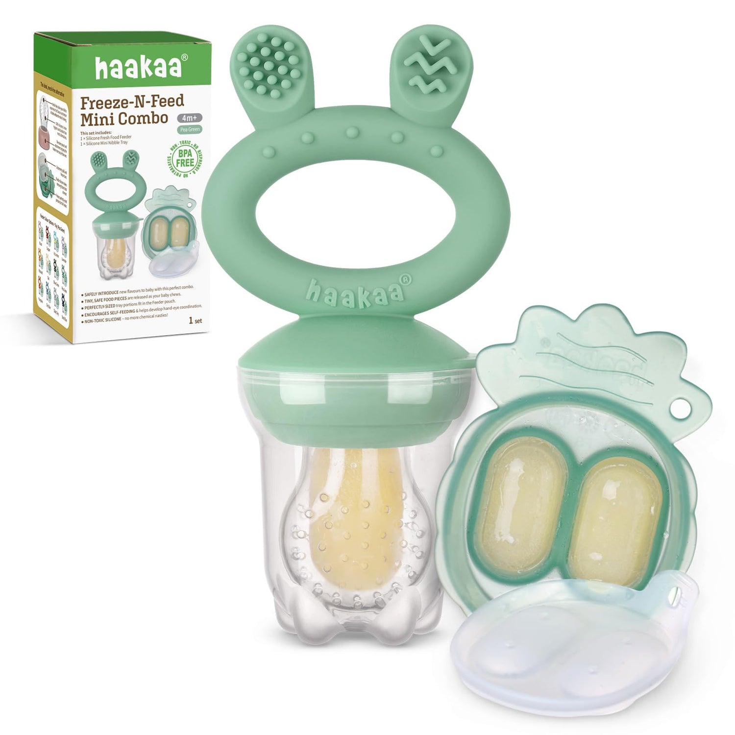 Haakaa Baby Fruit Food Feeder &amp; Mini Freezer Nibble Tray Combo, Breastmilk Popsicle Molds for Cooling Relief, BPA Free Silicone Feeder for Safe Infant Self Feeding, 4 Month+ (Pea Green)