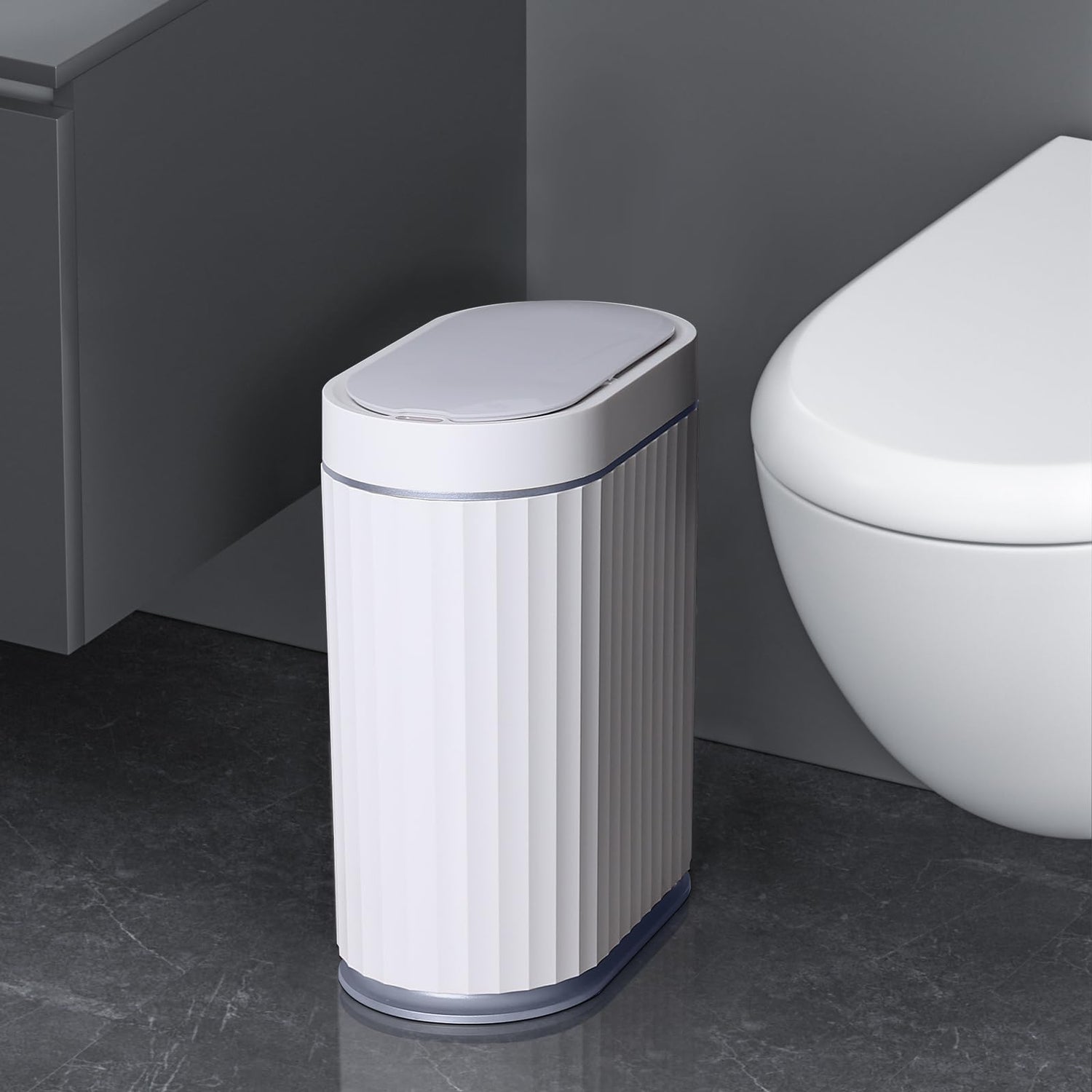 ELPHECO Mini Desktop Trash Can with Lid, Small Slim Automatic Garbage Can, 1.3 Gallon Motion Sensor Countertop Waste Basket for Bedroom, Office, Bathroom, White with Grey Trim