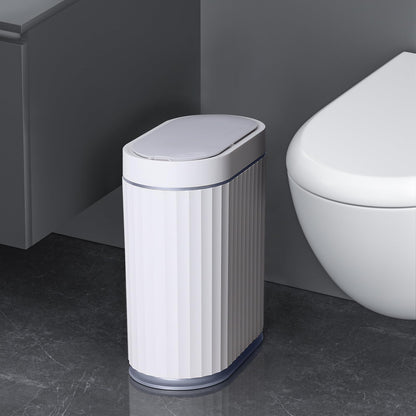 ELPHECO Mini Desktop Trash Can with Lid, Small Slim Automatic Garbage Can, 1.3 Gallon Motion Sensor Countertop Waste Basket for Bedroom, Office, Bathroom, White with Grey Trim