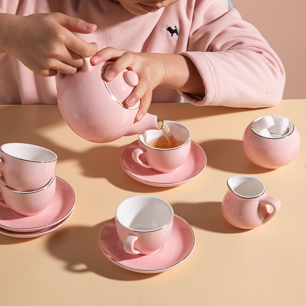 Sweejar Porcelain Tea Set for Little Girls,Kitchen Toys Tea Party Set for Kids Toddler Kitchen Pretend Toy Include Children Teapot, Cup &amp; Saucer Set of 4, Sugar Bowl and Cream Pitcher(Pink Polka Dot)