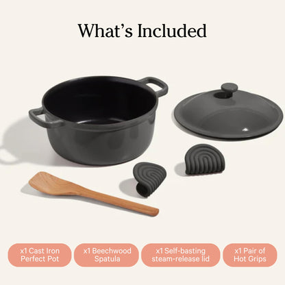 Our Place Cast Iron Perfect Pot | 6-in-1 Multifunctional 5.5 Qt. Toxin-Free Enameled Dutch Oven with Self-Basting Lid | Hot Grips &amp; Beechwood Scraper | Induction Cooktop and Oven Safe | Spice