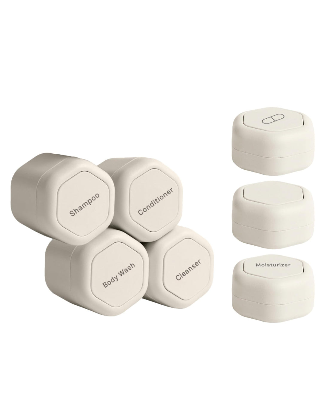 Cadence Travel Containers - Daily Routine Capsule Set - Magnetic Travel Capsules - For Shampoo, Conditioner, Body Wash, Pills, and More - 4 Flex Mediums (1.32oz) &amp; 3 Flex Smalls (0.56oz) - Sand