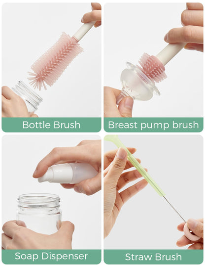 Momcozy Bottle Brush Kit, Innovative Push-Press Design for Better Cleaning - Baby Bottle Cleaner Brush for Baby Bottle, Breast Pumps, Nipples, and More - Can Generate Foam for Better Cleaning, Pink