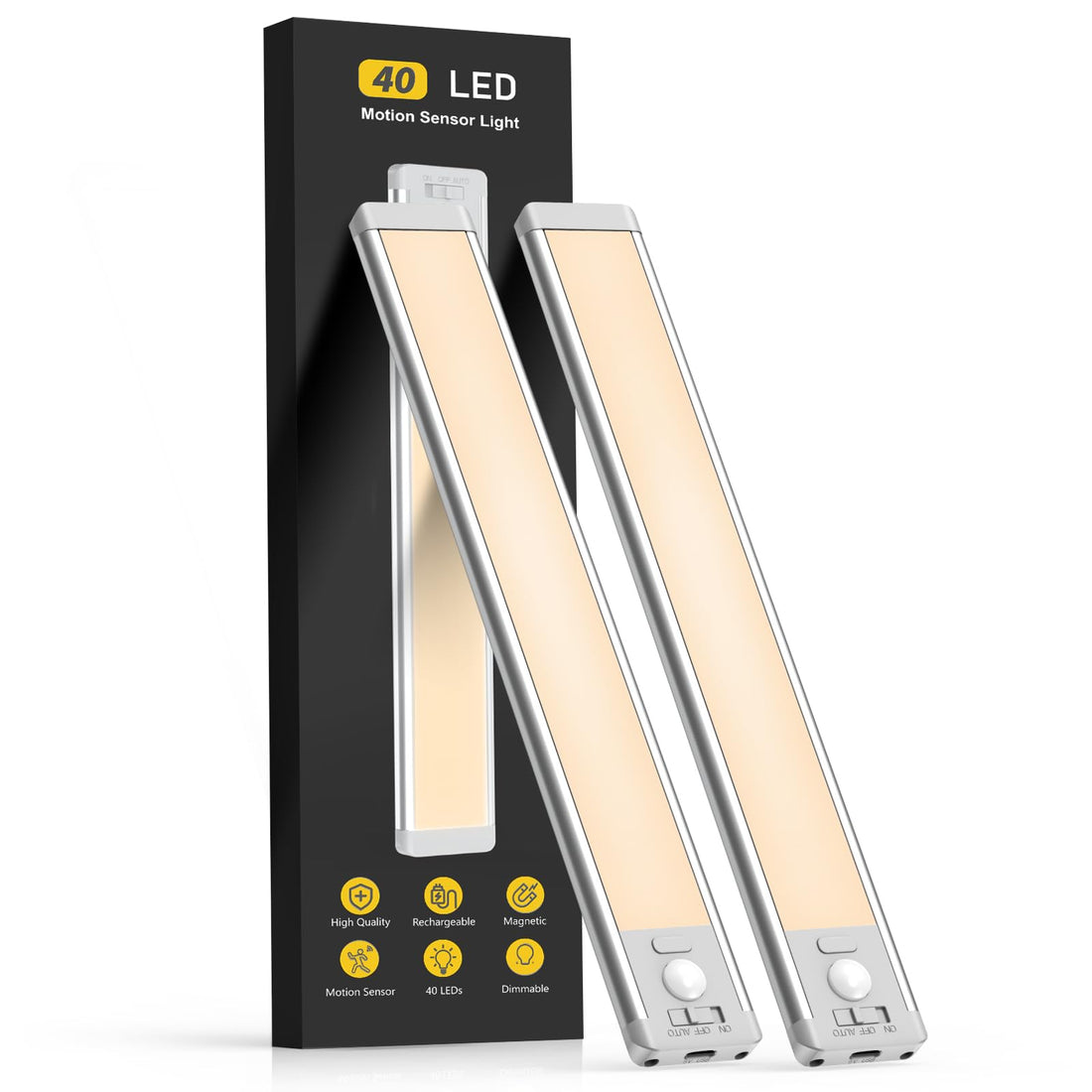 Under Cabinet Lights,40 LED Rechargeable Battery Operated Motion Sensor Light Indoor, 2 Pack Magnetic Dimmable Closet Lights, Wireless Under Counter Lights for Kitchen, Stairs