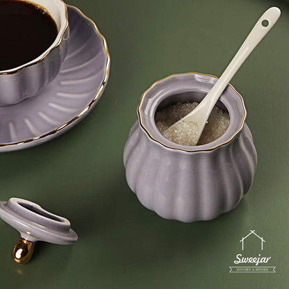Sweejar Royal Ceramic Sugar and Creamer Set, 3 Piece Set with Cream Pitcher, Sugar Bowl, Sugar Set with Lid &amp; Spoon, Coffee Serving Set Wedding Gift(White)