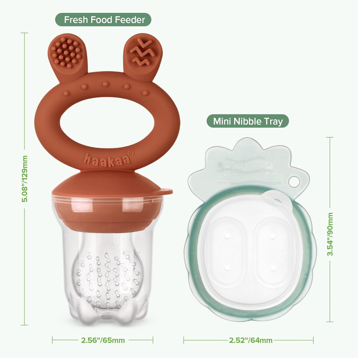 Haakaa Baby Fruit Food Feeder &amp; Mini Freezer Nibble Tray Combo, Breastmilk Popsicle Molds for Cooling Relief, BPA Free Silicone Feeder for Safe Infant Self Feeding, 4 Month+ (Pea Green)